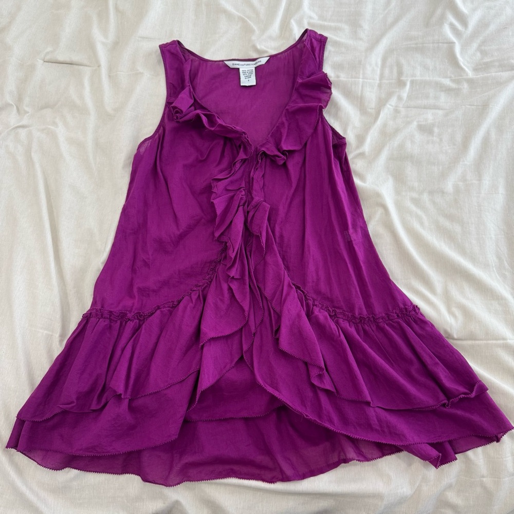 DVF Diane von Furstenberg Longline Ruffle Tank Blouse Magenta Size 2